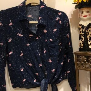 Love Notes, Pre-love tie up flamingo shirt with small polkadots, extremely soft